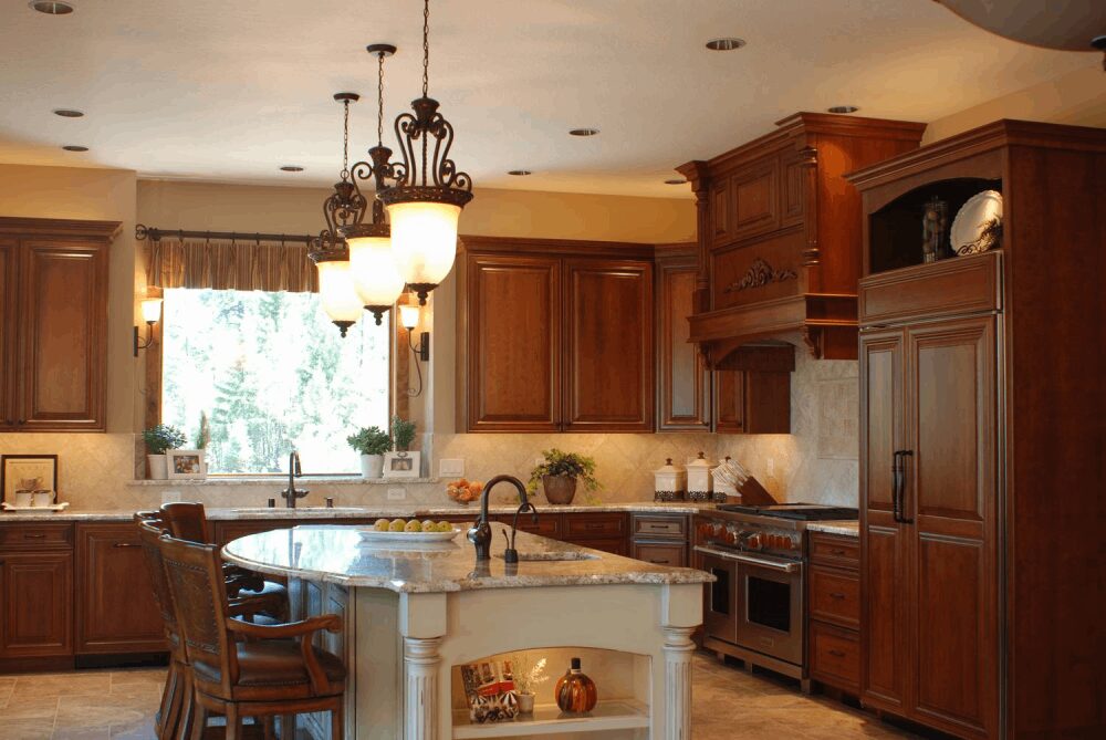 Elegant kitchen with wooden cabinetry and a central island.